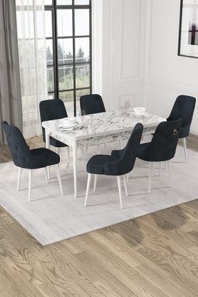 Alya 80x132 Mdf Açılabilir Beyaz Mermer Desen Mutfak Masası Takımı 6 Sandalye rvnalyabyzmr96