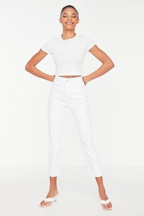 Beyaz Yüksek Bel Mom Jeans 4015