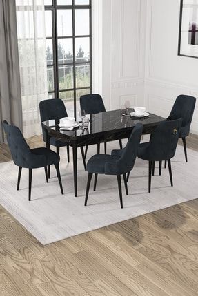 Alya 80x132 Mdf Açılabilir Siyah Mermer Desen Mutfak Masası Takımı 6 Sandalye rvnalya6021