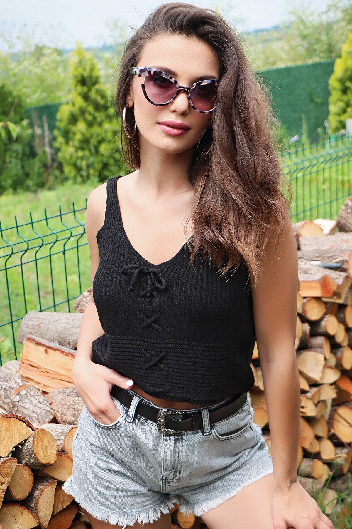 AQE FASHION Curea De Frânghie Față Spate Decolteu În V Bluză Cu Cravată În Față Neagră M Femeie - M