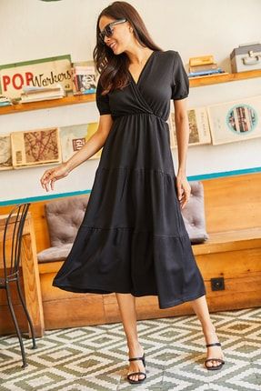 Kadın Siyah Kruvaze Beli Lastikli Eteği Parçalı Örme Elbise ELB-19001754