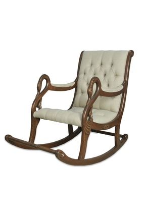 Vintage Kuğu Ceviz Krem El Oyması Ahşap Sallanan Sandalye Dinlenme Koltuğu Berjer TVC006
