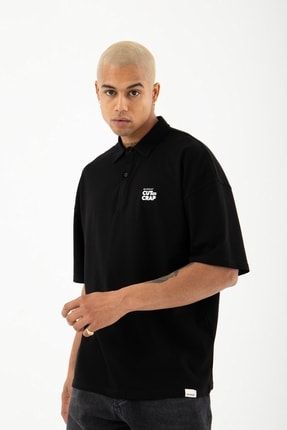 Oversize Cut Thte Crap Polo Yaka T-shirt Siyah P1525