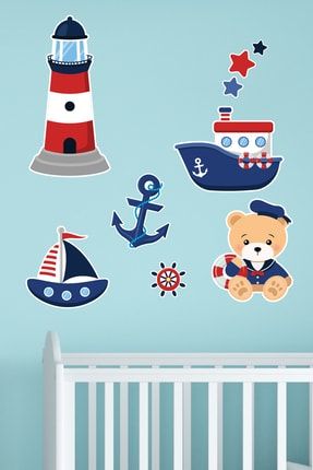 Denizci Ayı | Çapa | Gemi | Dümen | Fener Set Çocuk Odası Sticker Duvar | Dolap | Kapı | Beşik Yanı STC94