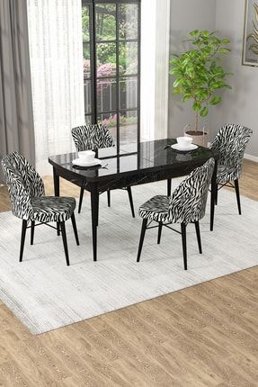 Arel Mdf Siyah Mermer Desen Açılabilir Mutfak Masası 4 Zebra Sandalye rvn4566523210