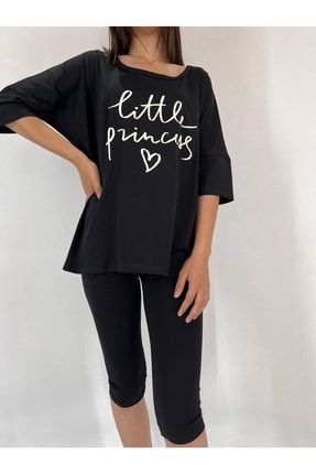Sb Design Kadın Baskılı Geniş Yaka Yarasa Yarım Kol Oversize Kalıp Siyah T-shirt TBAS01