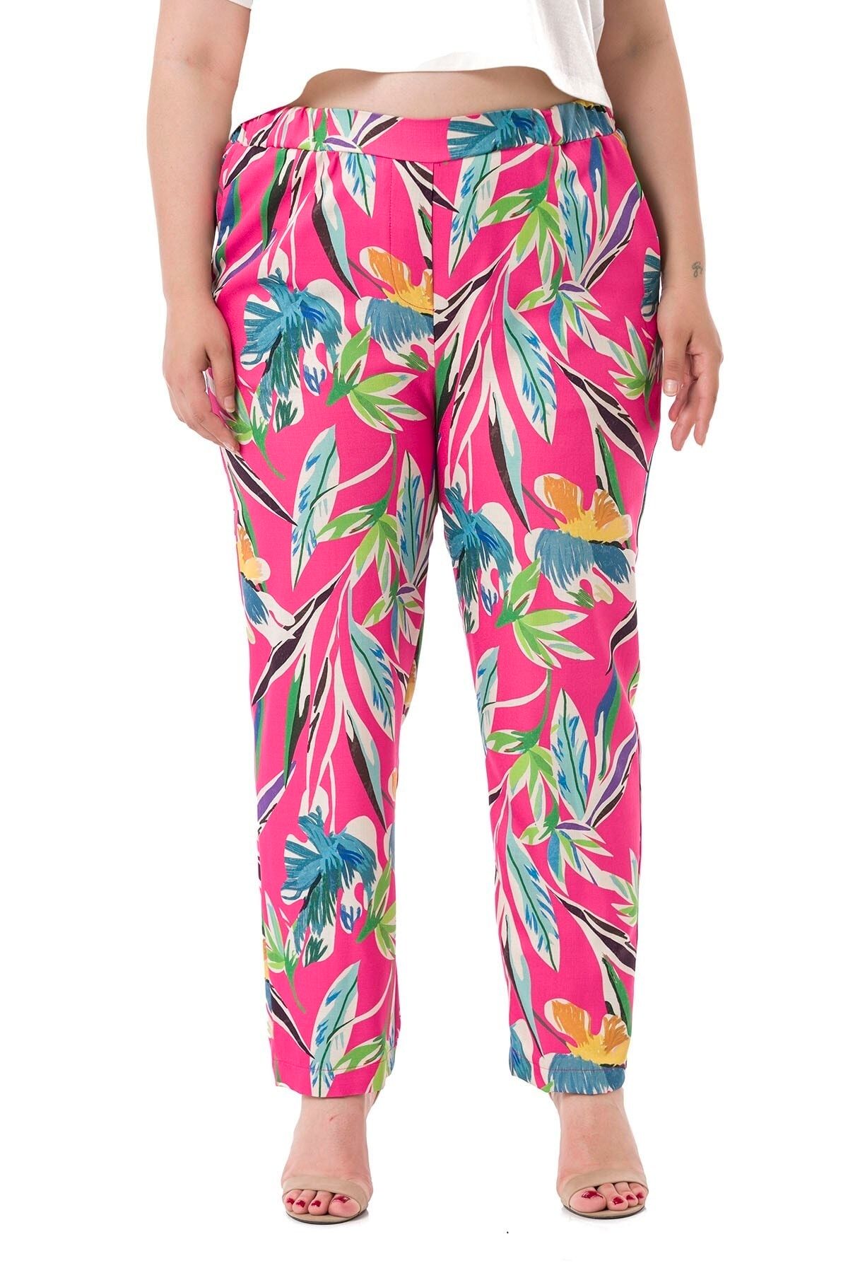 DISENTIS MODEST-Plus Size Leaf Printed Fuchsia Trousers with Elastic Waist, Side and Back Pockets 1