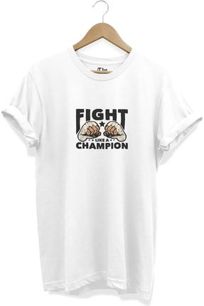 Beyaz Unisex Şampiyon Gibi Dövüş - Fight Like A Champion Yazı Baskılı Kısa Kollu T-shirt TB0BT205