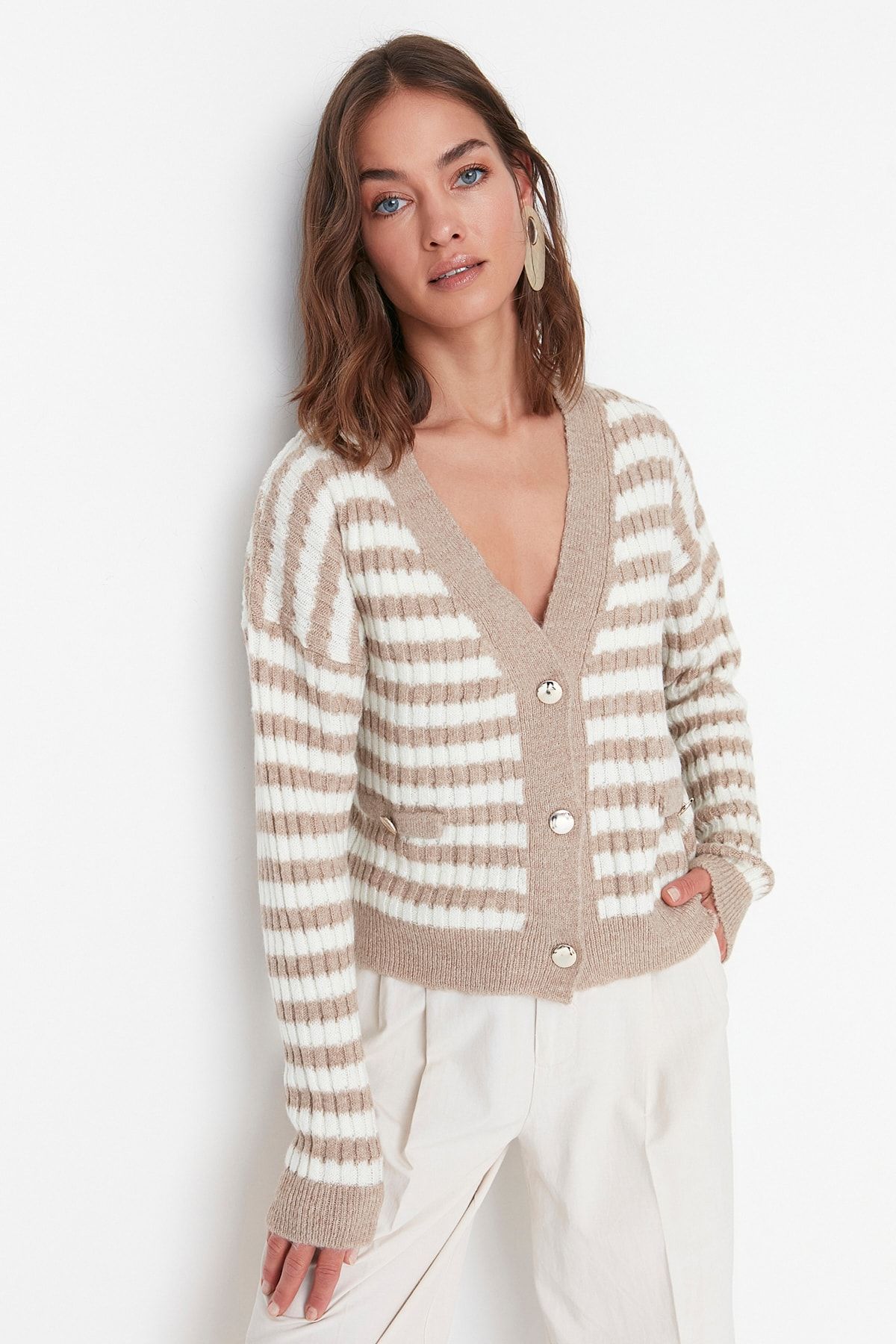 Trendyol Collection-Плетена жилетка с камилски райета с мека текстура - TWOAW23HI00266 2
