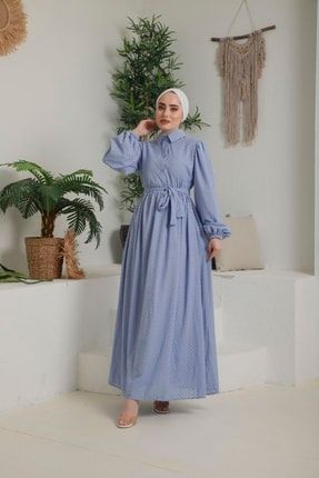 Kadın Elbise Mavi Astarlı Kuşaklı Gömlek Yakalı Pamuklu Brode Dantel Kumaş CH34614221