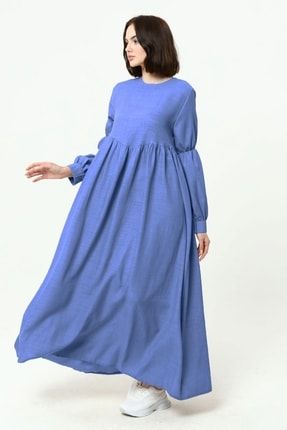Üçgen Keten Elbise Mavi 4007