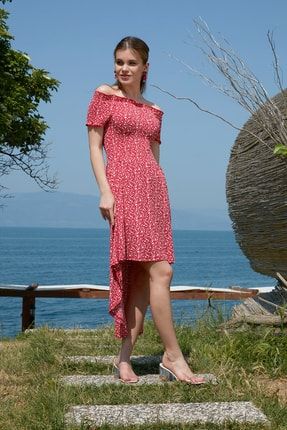 Çiçekli Önü Kısa Arkası Uzun Carmen Yaka Elbise Kadın Elbise 5864026