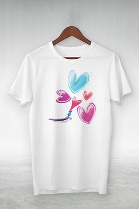 Unisex Beyaz Purple Blue Pınk Hearts Baskılı T-Shirt GSC-542
