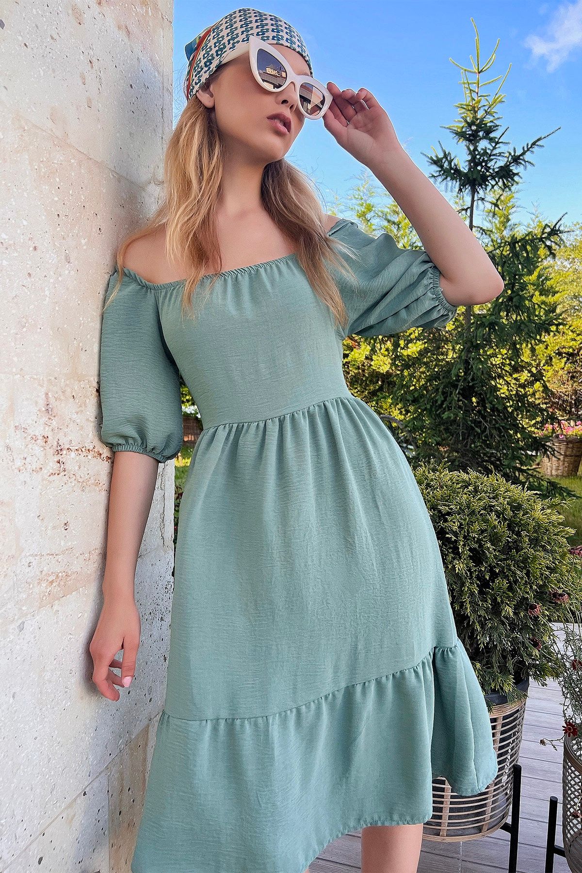 Trend Alaçatı Stili Kleid Grün Smock-Kleid Fast ausverkauft