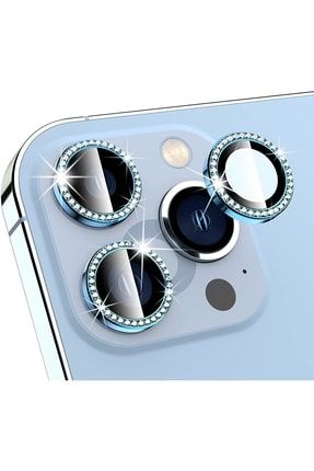 Iphone 13 Pro Max & Iphone 13 Pro Uyumlu Kamera Koruyucu Swarovski Taşlı Diamond - Mavi [3'lü Set] HYPRA000120