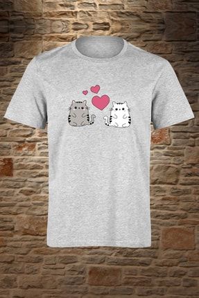 Aşık Kedi Baskılı Oversize T-shirt YBM-GRI-ASIKKEDI