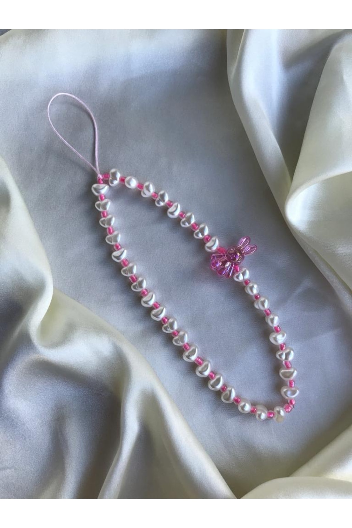 Pink Rabbit Shaped And Pearl Phone Charm Phone Rope