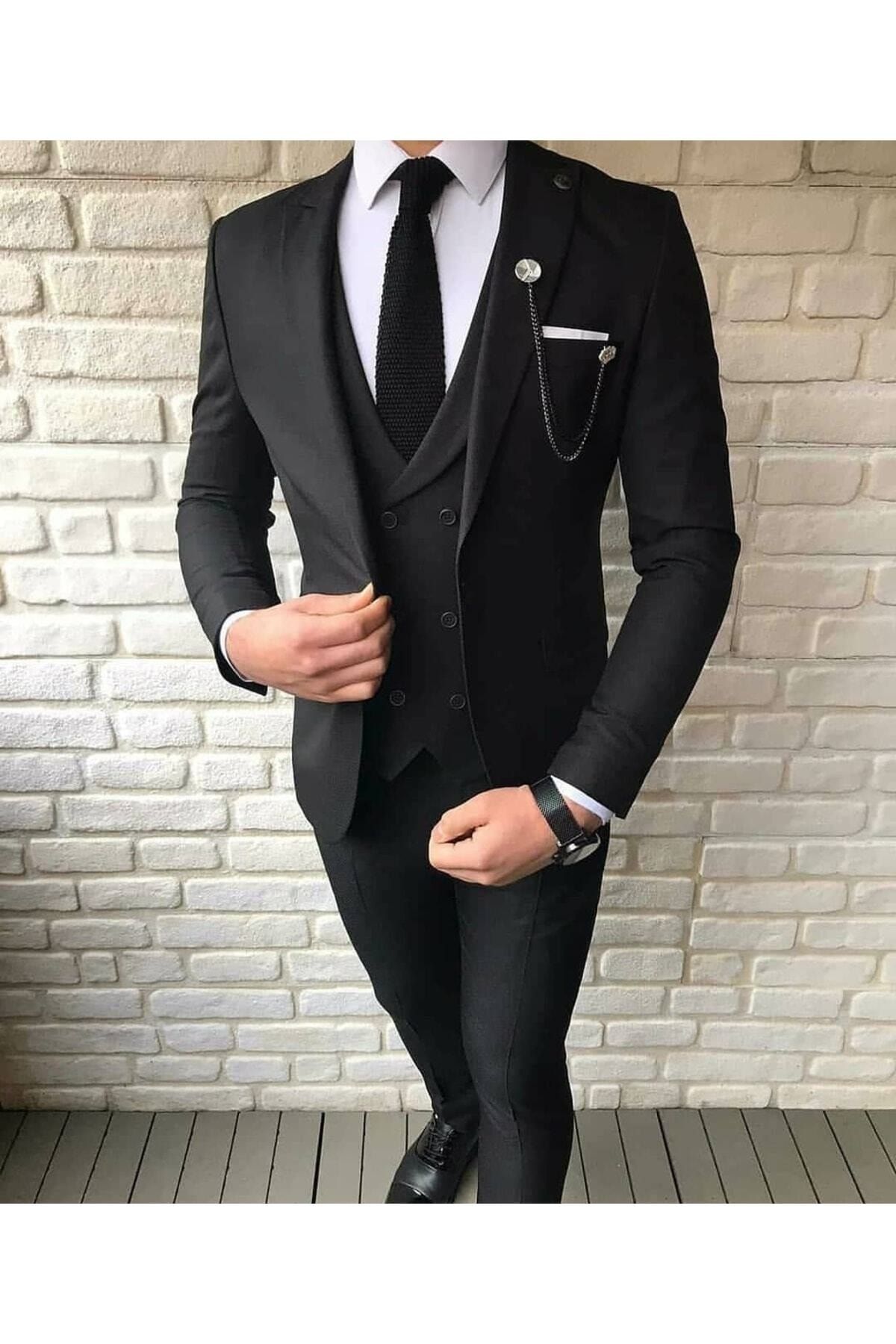 MY VİNTAGE Siyah Dar Kesim Slim Fit Takım Elbise (kravat Mendil Ve Yaka Süsü Hediye )