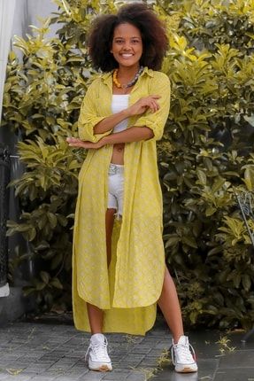 Kadın Sarı Gömlek Yaka Uzun Kol Maxi Pamuk Desenli Düğmeli Tek Cepli Yırtmaçlı Oversize Dokuma Ceket M10210100CE98595