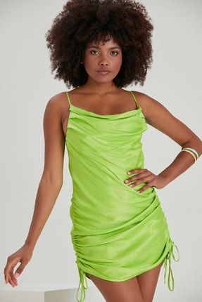 Kadın Açık Yeşil Degaje Yaka Askılı Mini Viskon Büzgülü Gece Elbise YL-EL99060