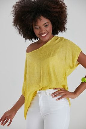 Kadın Sarı Kayık Yaka Düşük Kol Maxi Dokuma Yıkamalı Oversize Casual Bluz YL-BL99092