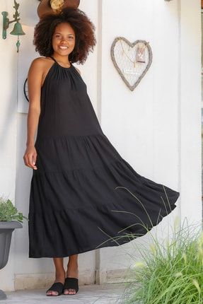 Kadın Siyah Halter Yaka Keten Bağlamalı Oversize Casual Dokuma A-Line Elbise M10160000EL93060