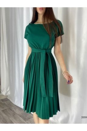 Kadın Yeşil , Eteği Pileli Beli Kuşaklı Krep Kumaş Elbise ZM-31123-S