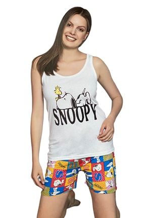 Kadın Beyaz Renkli Snoopy Baskı Askılı Şortlu Pijama Takımı SNOOPY PJMA