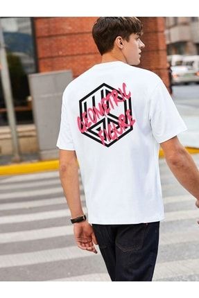 Geometrik Baskılı Beyaz Erkek Oversize T-shirt BR-GEOMETRIK