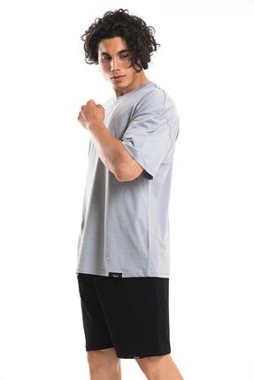 Oversize Basic Gri T-shirt Erkek Kısa Kollu Baskısız Tişört %100 Pamuk VST-OBT-1000-0008