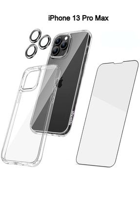 Iphone 13 Pro Max Şeffaf Kılıf + Ekran Koruyucu + Kamera Koruyucu 360° Tam Koruma 3in1 Set - Siyah HYPRA000114