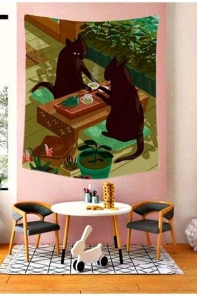 Çay Saati Siyah Kediler Hippi Model Duvar Örtüsü | Duvar Halısı | Tapestry | 234567DD66