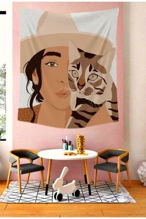 Kedili Kız Hippi Model Duvar Örtüsü | Duvar Halısı | Tapestry | 234567DD64