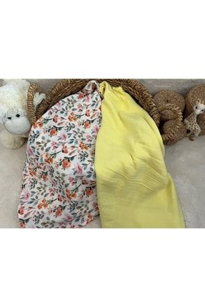 Minik Çiçek Desen+ Sarı Organik Çift Katlı Müslin Bebek Ve Çocuk Battaniye Örtüsü 2S