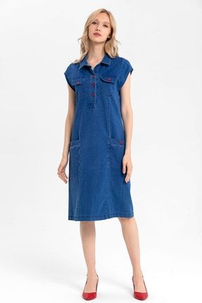 Kadın Koyu Mavi Kolsuz Gömlek Yaka Kot Elbise 6030
