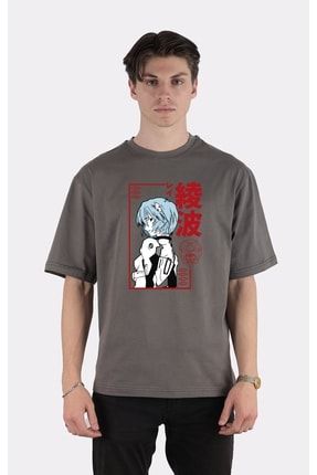 Füme %100 Pamuk Bisiklet Yaka Oversize T-shirt Rei Ayanami Evangelion BE1054