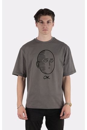 Füme %100 Pamuk Bisiklet Yaka Oversize T-shirt One Punch Man Ok Face BE1049
