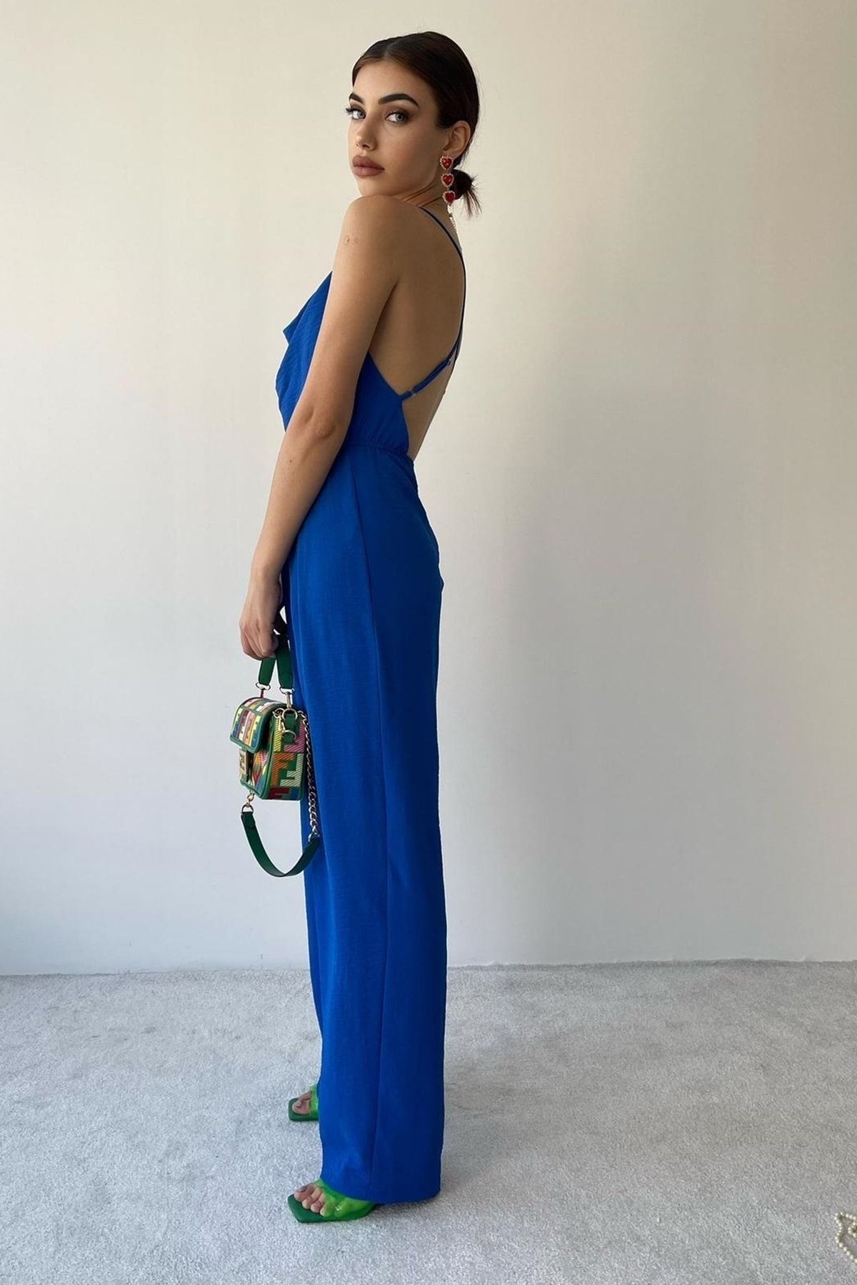 bayansepeti Cotton Aerobin Fabric Backless Strapless Blue Jumpsuit