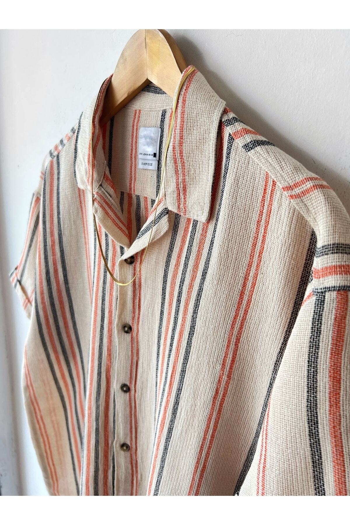 پیراهن  مردانه لینن بژ جوان پسند راه راه Oversize/اورسایز    بیسیک کژوال/روزمره | Hazhers 10496 - تصویر 3