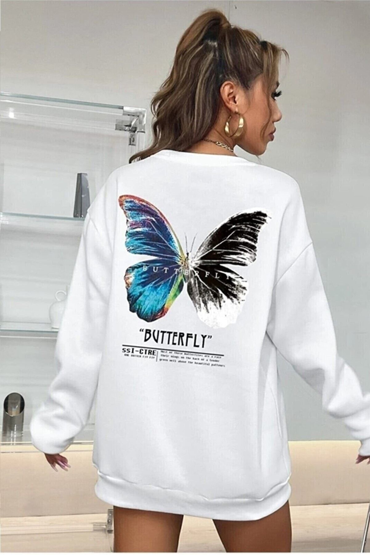 MODAGEN Women s Crew Neck Butterfly Printed Oversize White