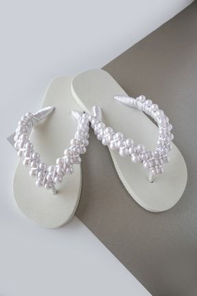 Kadın Beyaz Taşlı Rahat Parmak Arası Gelin Terliği Flipflops YBER931037