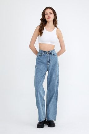 Aisha Kadın Ultra Yüksek Bel Geniş Bol Paça Solmayan Jeans - Wide Leg 90's Denim Kot Pantolon MDRL0233