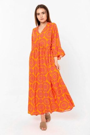 Örgü Desen V Yaka Uzun Kol Elbise Oranj 20210022
