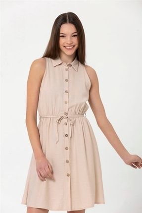 Kolsuz Düğmeli Kadın Elbise - Taş-22y0161115-15 22Y0161115