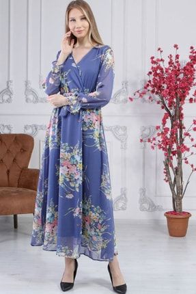 Kadın Mavi Kruvaze Yaka Çiçek Desenli Büyük Beden Elbise ELBISEDELISI-0056
