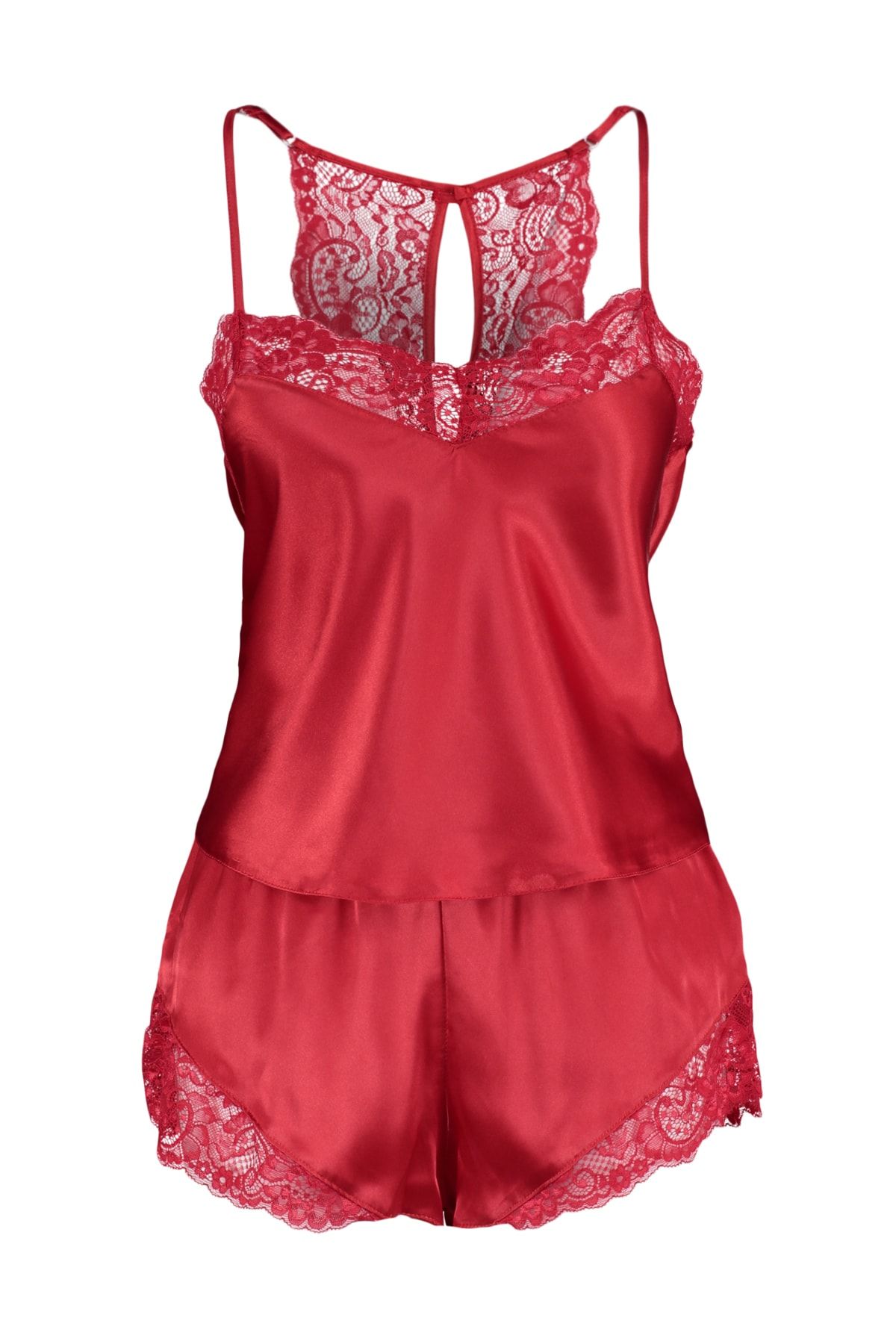 Trendyol Collection-Satin-gewebtes rotes Spitzen-Pyjama-Set mit Seilträgern – THMSS22PT0269 8
