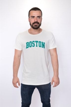 Mavi Renkli Boston Pamuklu Beyaz Erkek Tişört YNA0715TEKB