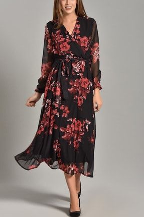 Siyah Çiçekli Uzun Kruvaze Yaka Şifon Elbise ELBISEDELISI-0001