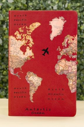 Transparan Harita Tasarımlı Tarihsiz Deri Kapaklı Lastikli Kırmızı Ajanda Defter def-0375