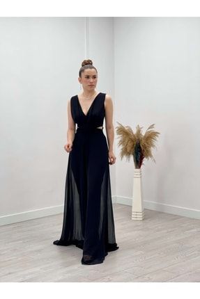Şifon Krep Kumaş Tulum Elbise Siyah GYM-1300